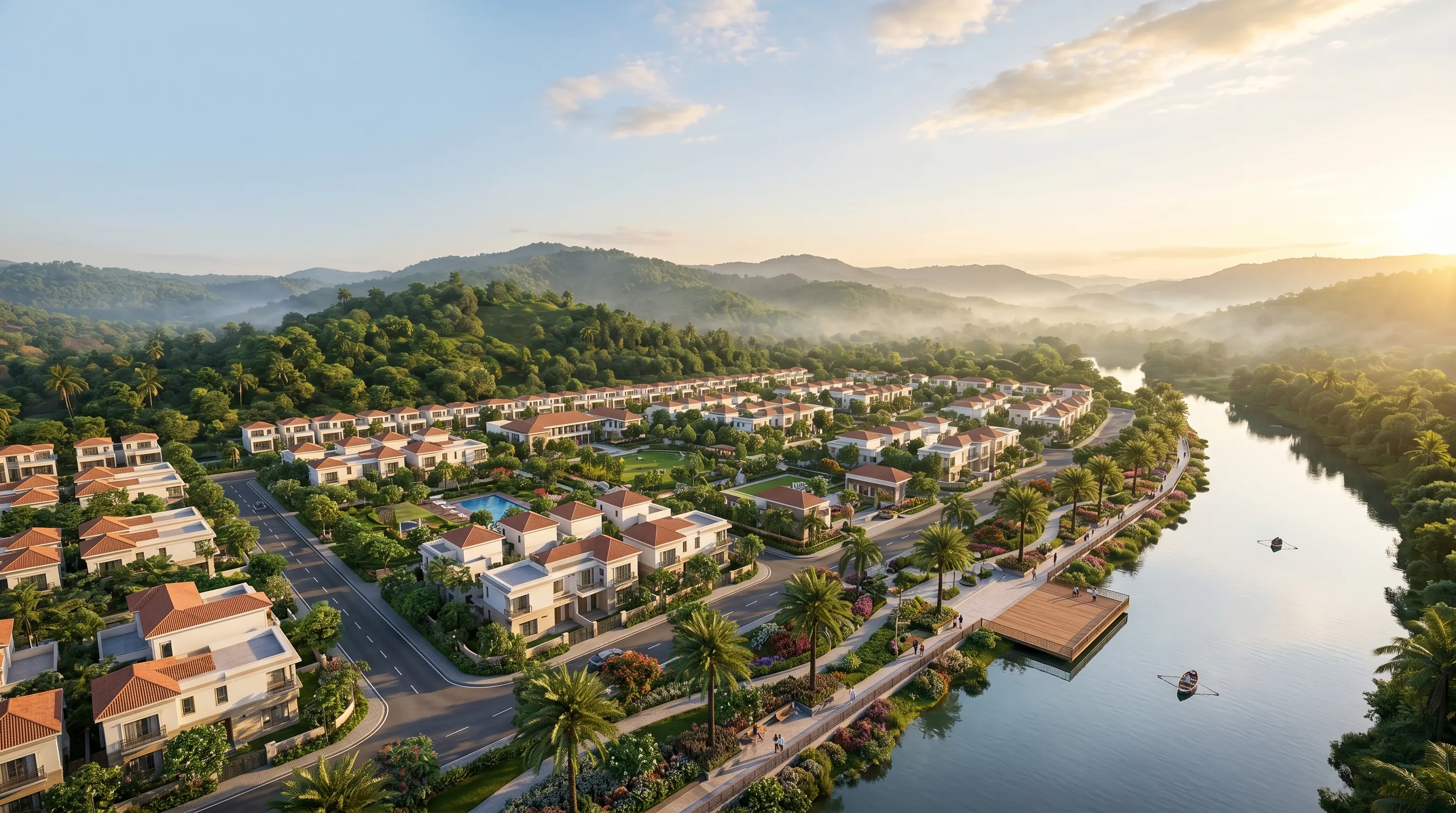 Aerial view of the river-touch Royal Heritage township beside the river at sunrise, Vasind